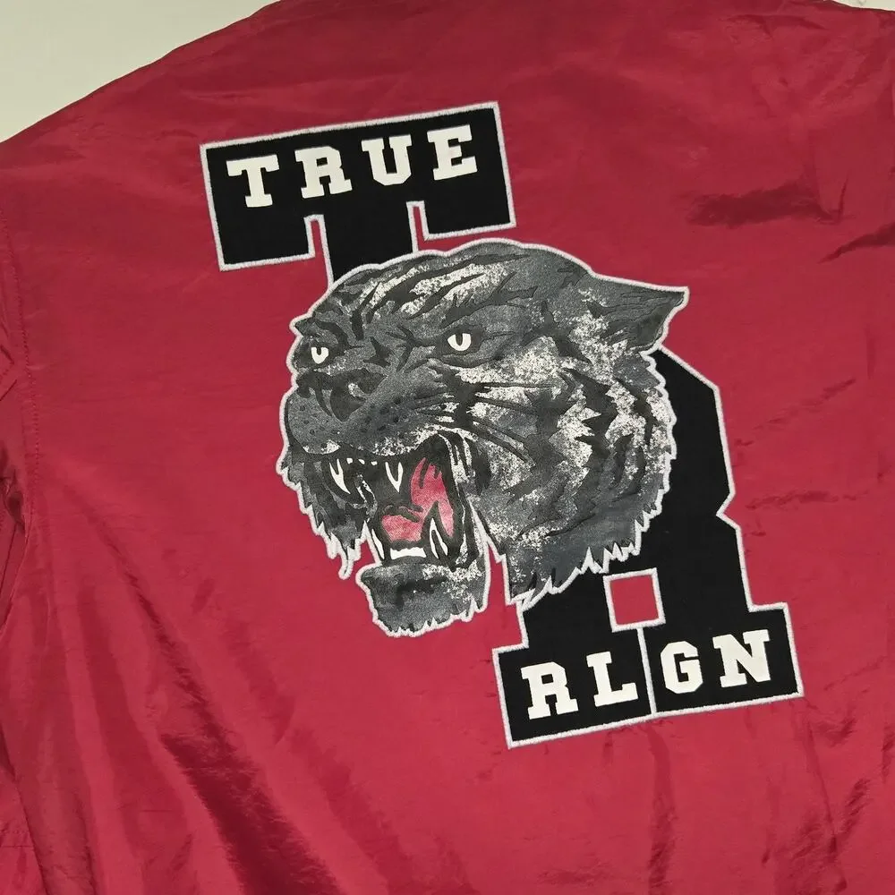 True Religion Bomber Snap Button Varsity Jacket Black Red Size Medium EUC - Picture 10 of 11